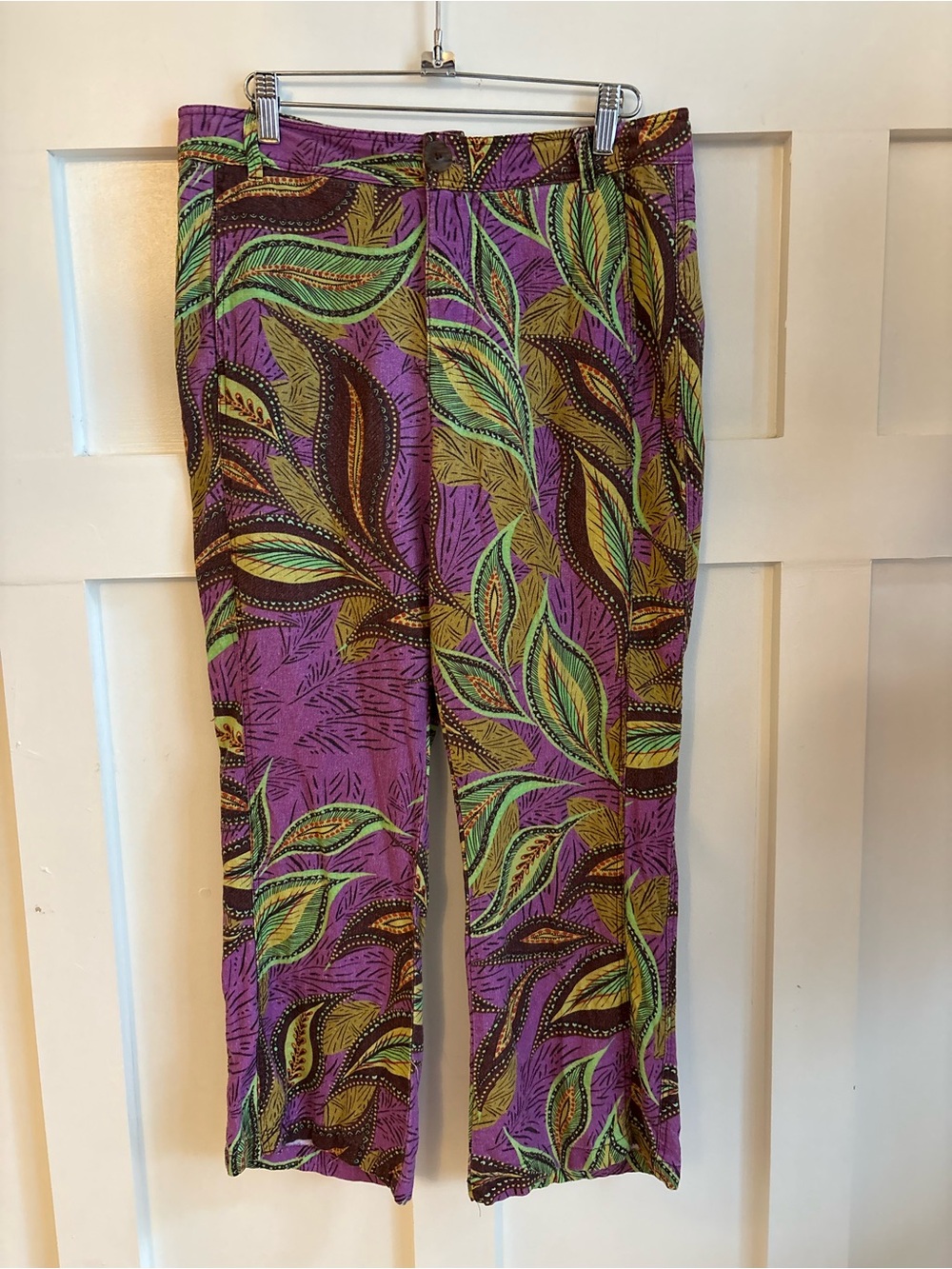 Zara Linen Purple Multicolour Leaf-Print Trousers Large